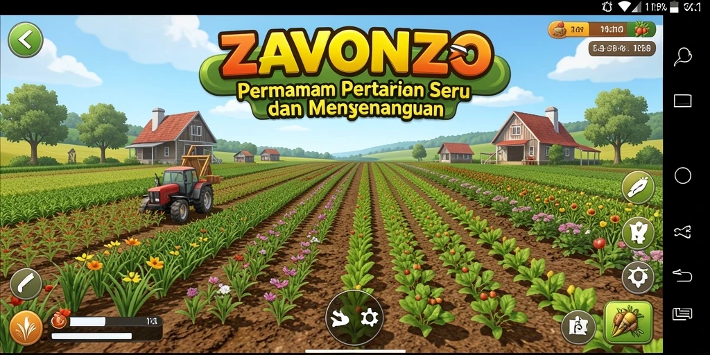 Tampilan gameplay ZAVONZO dengan lahan pertanian yang subur dan aktif.